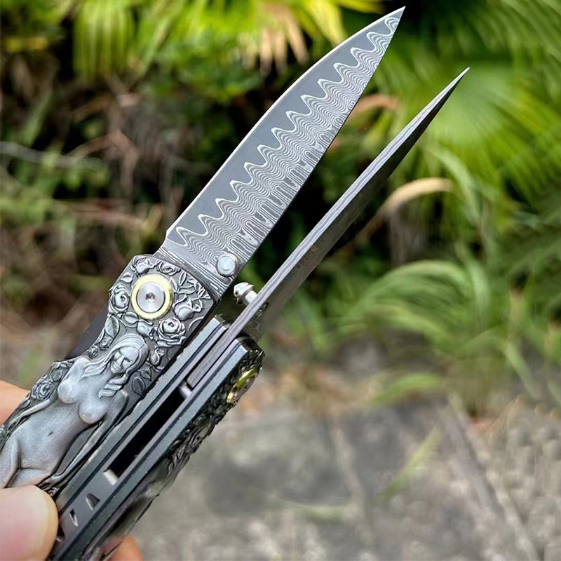 Outdoor Pocket Tool with Engraved Vintage Handle and Double-Sided Damascus Folding