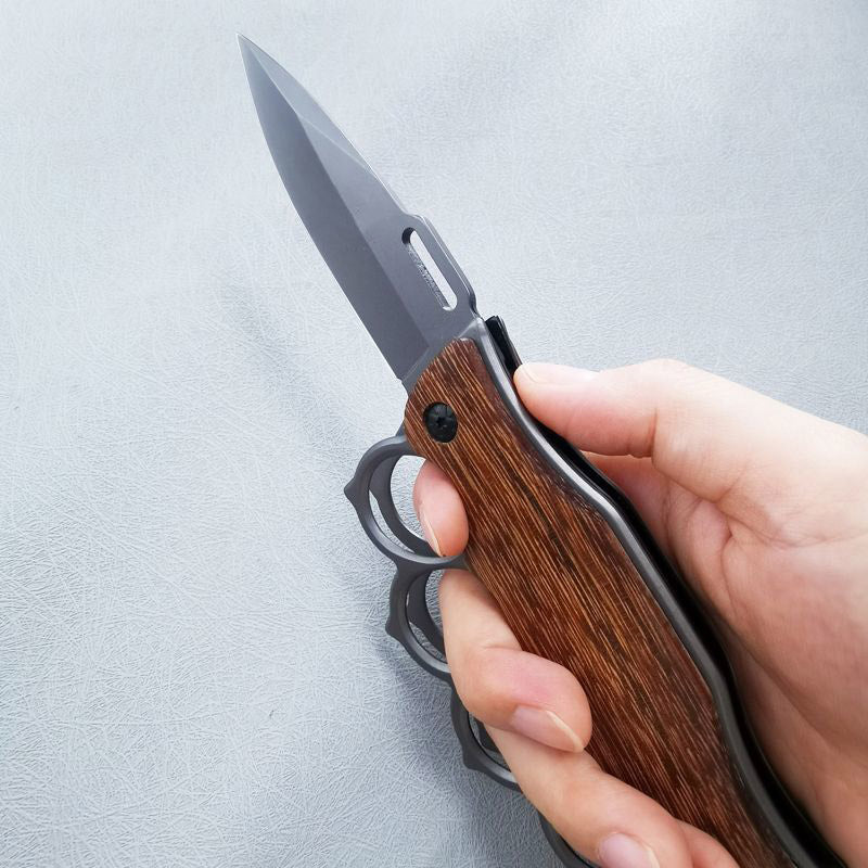 Outdoor Folding Pocket EDC Tools Featuring Wooden Handle and Four Holes