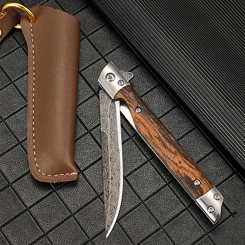 Folding Pocket Tool with Damascus Pattern and Wooden Handle