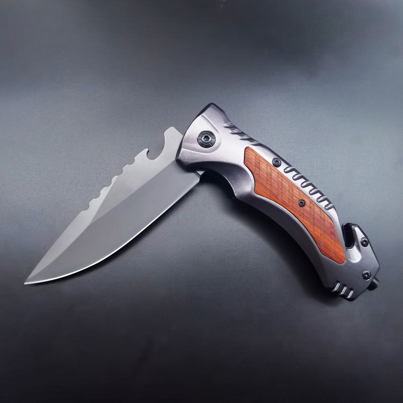 Multi-Purpose Outdoor Folding Tool with Steel and Wood Grip