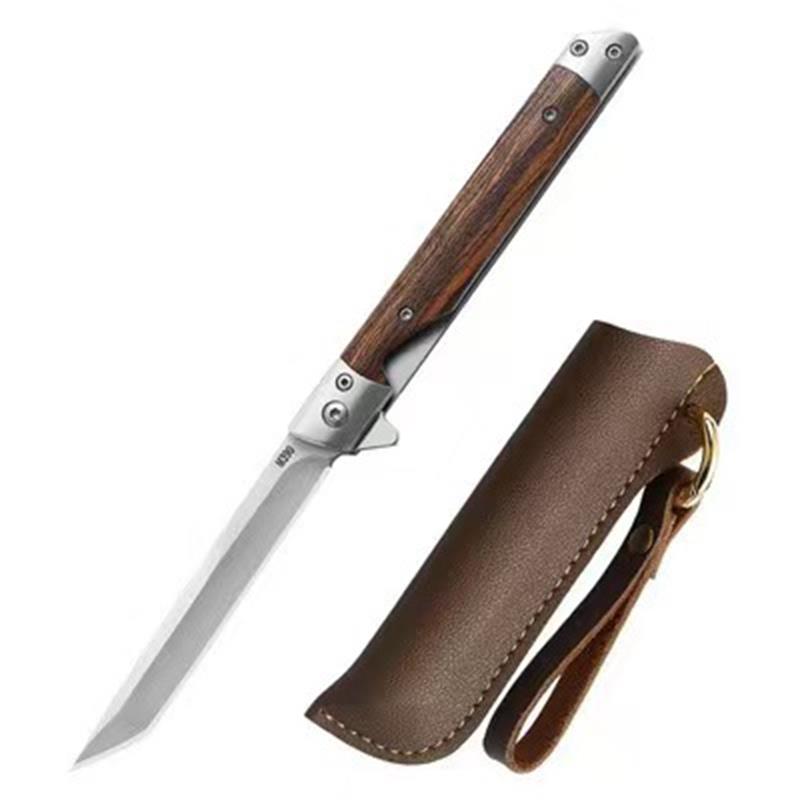 Folding Pocket Tool with Damascus Pattern and Wooden Handle