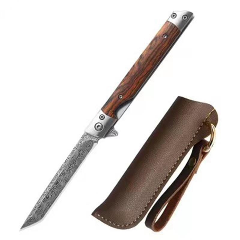 Folding Pocket Tool with Damascus Pattern and Wooden Handle