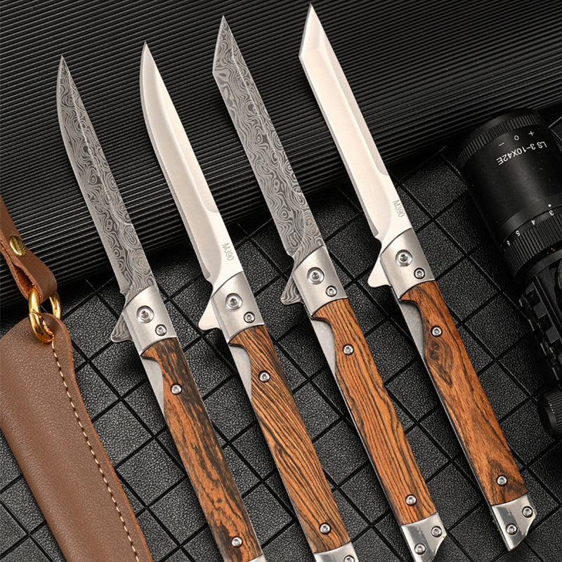 Folding Pocket Tool with Damascus Pattern and Wooden Handle