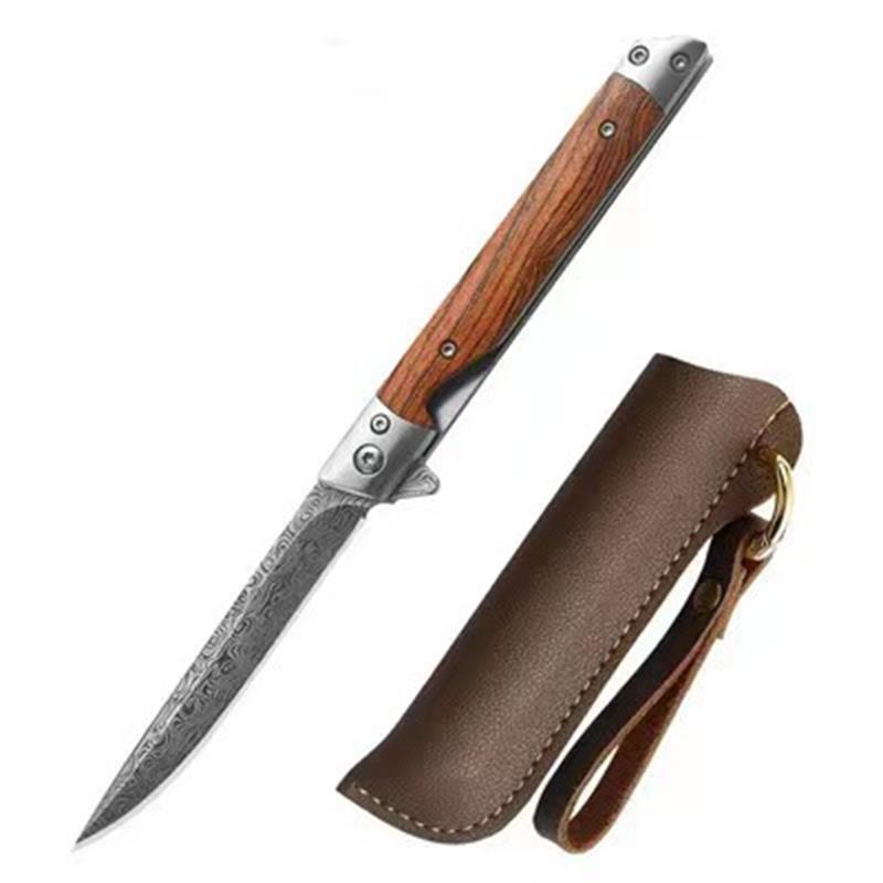 Folding Pocket Tool with Damascus Pattern and Wooden Handle