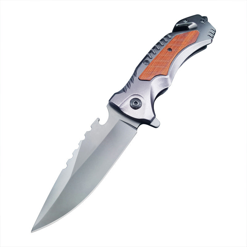 Multi-Purpose Outdoor Folding Tool with Steel and Wood Grip