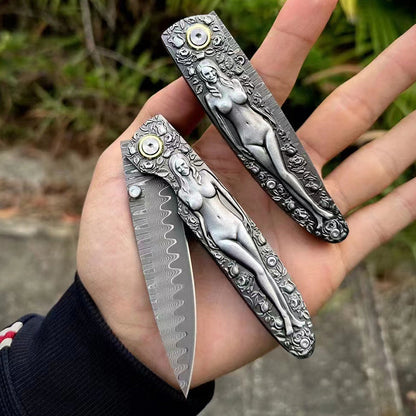 Outdoor Pocket Tool with Engraved Vintage Handle and Double-Sided Damascus Folding