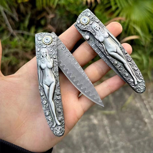 Outdoor Pocket Tool with Engraved Vintage Handle and Double-Sided Damascus Folding