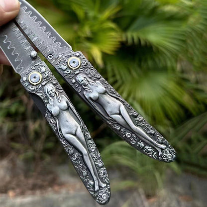 Outdoor Pocket Tool with Engraved Vintage Handle and Double-Sided Damascus Folding