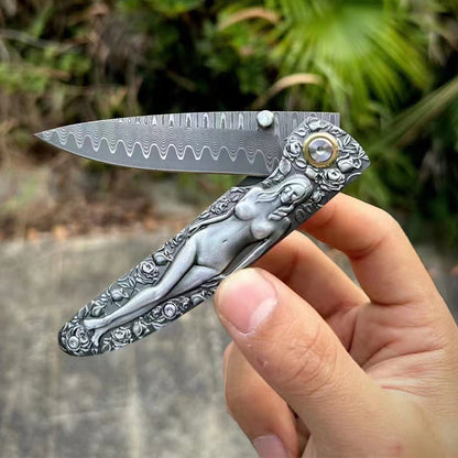 Outdoor Pocket Tool with Engraved Vintage Handle and Double-Sided Damascus Folding