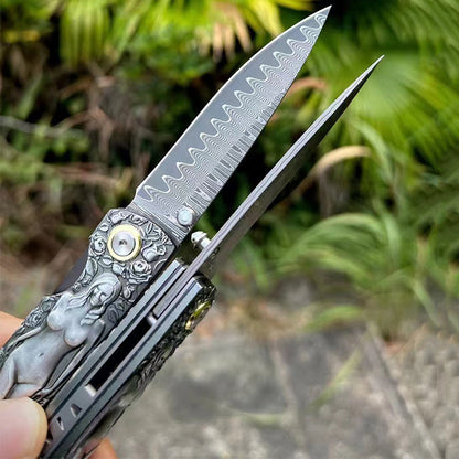 Outdoor Pocket Tool with Engraved Vintage Handle and Double-Sided Damascus Folding