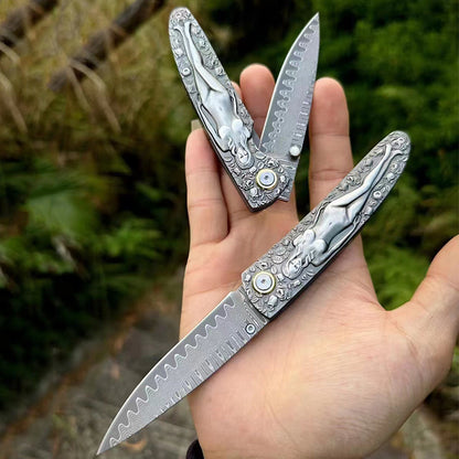 Outdoor Pocket Tool with Engraved Vintage Handle and Double-Sided Damascus Folding