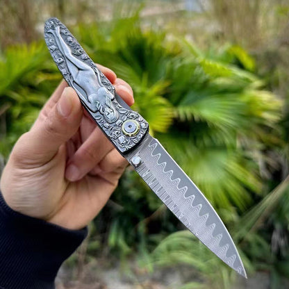 Outdoor Pocket Tool with Engraved Vintage Handle and Double-Sided Damascus Folding