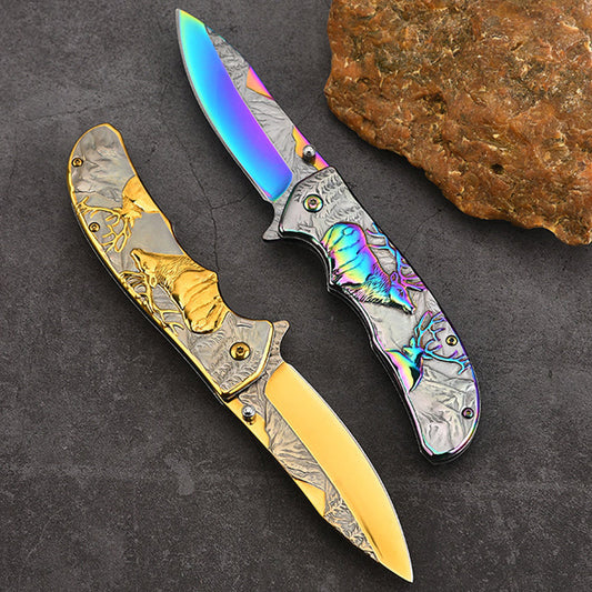 Folding Outdoor Pocket Tool with Decorative Deer Handle and Colorful Design
