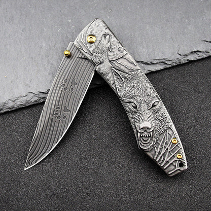 Outdoor Camping Pocket EDC Tool Featuring a Wolf-Patterned Folding Handle