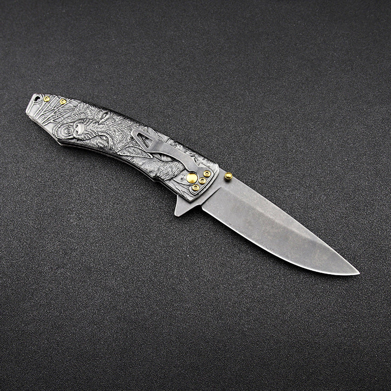Outdoor Camping Pocket EDC Tool Featuring a Wolf-Patterned Folding Handle