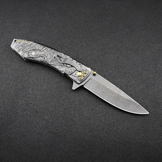 Outdoor Camping Pocket EDC Tool Featuring a Wolf-Patterned Folding Handle