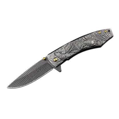 Outdoor Camping Pocket EDC Tool Featuring a Wolf-Patterned Folding Handle