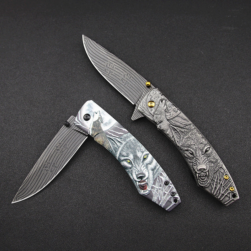Outdoor Camping Pocket EDC Tool Featuring a Wolf-Patterned Folding Handle