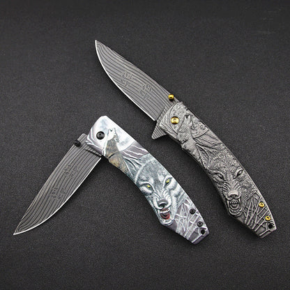 Outdoor Camping Pocket EDC Tool Featuring a Wolf-Patterned Folding Handle