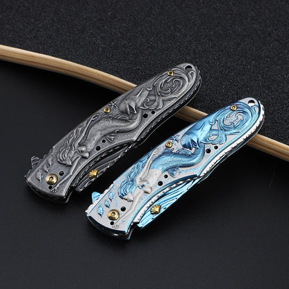 Outdoor Folding Pocket EDC Tool with Engraved Mermaid Handle