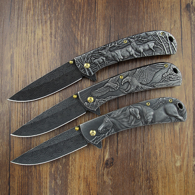 Multi-Animal Embossed Handle Folding Pocket Tool for Outdoor Use