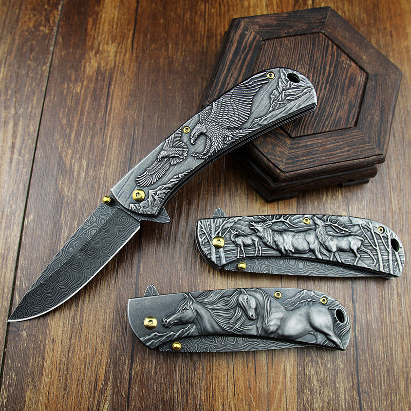 Multi-Animal Embossed Handle Folding Pocket Tool for Outdoor Use