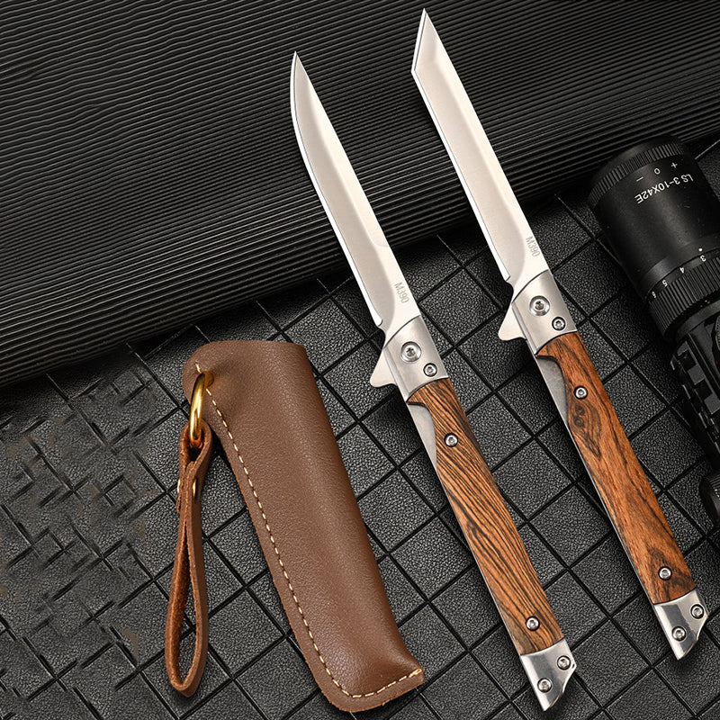 Folding Pocket Tool with Damascus Pattern and Wooden Handle