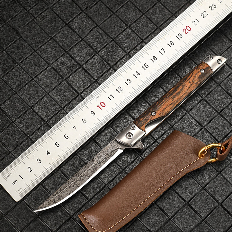 Folding Pocket Tool with Damascus Pattern and Wooden Handle