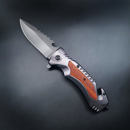 Multi-Purpose Outdoor Folding Tool with Steel and Wood Grip