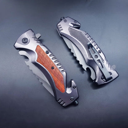 Multi-Purpose Outdoor Folding Tool with Steel and Wood Grip
