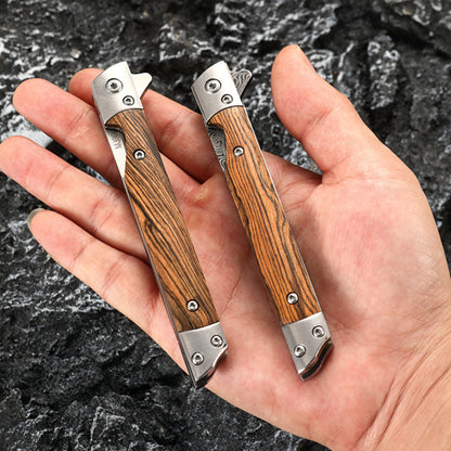 Folding Pocket Tool with Damascus Pattern and Wooden Handle