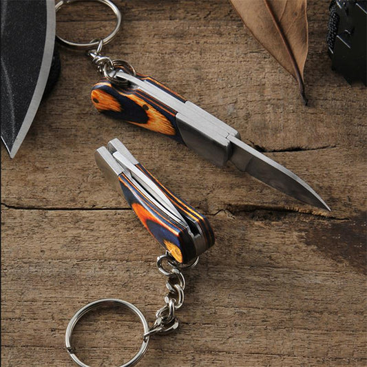 Small Folding Keychain Tool with Wood Grip for Pocket and Backpack