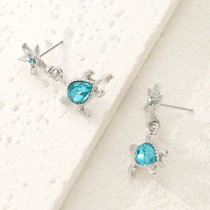 Stylish Blue Gemstone Turtle Pendant Earrings