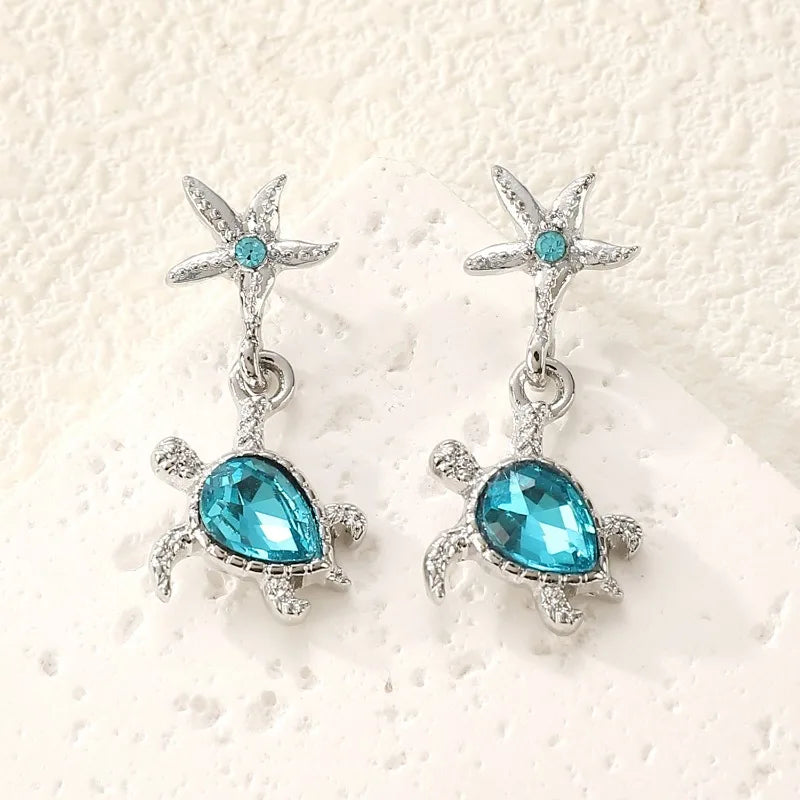 Stylish Blue Gemstone Turtle Pendant Earrings