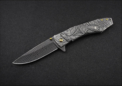 Outdoor Camping Pocket EDC Tool Featuring a Wolf-Patterned Folding Handle