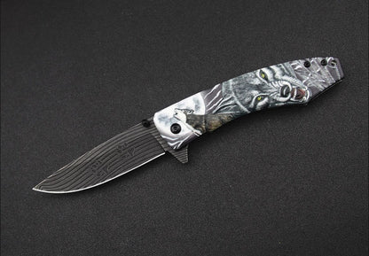 Outdoor Camping Pocket EDC Tool Featuring a Wolf-Patterned Folding Handle