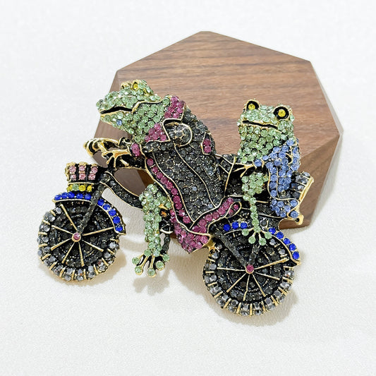 Vintage Heavy Diamante Frog Prince Bicycle Brooch Accessories Pins Decoration