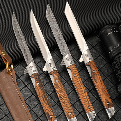 Folding Pocket Tool with Damascus Pattern and Wooden Handle