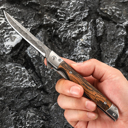 Folding Pocket Tool with Damascus Pattern and Wooden Handle