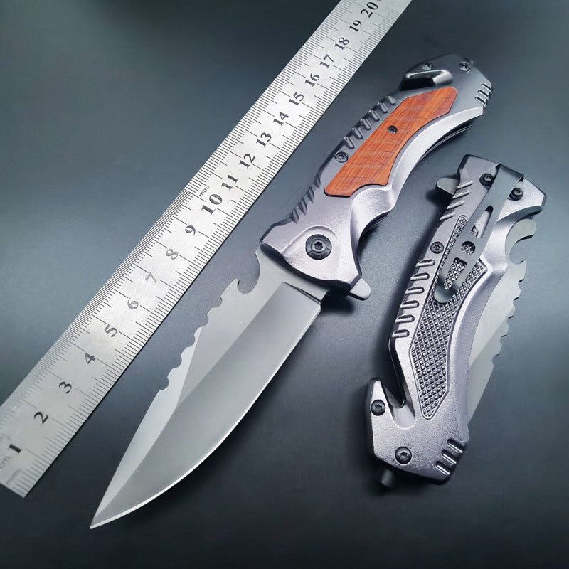 Multi-Purpose Outdoor Folding Tool with Steel and Wood Grip