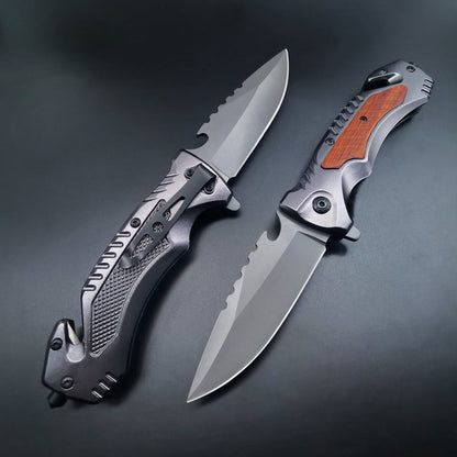 Multi-Purpose Outdoor Folding Tool with Steel and Wood Grip