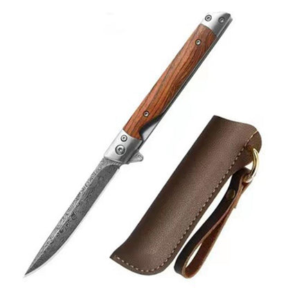 Folding Pocket Tool with Damascus Pattern and Wooden Handle