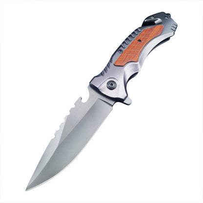 Multi-Purpose Outdoor Folding Tool with Steel and Wood Grip