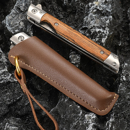 Folding Pocket Tool with Damascus Pattern and Wooden Handle