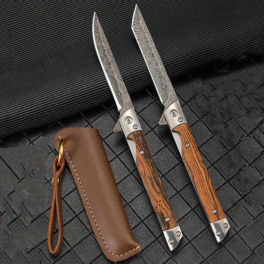 Folding Pocket Tool with Damascus Pattern and Wooden Handle