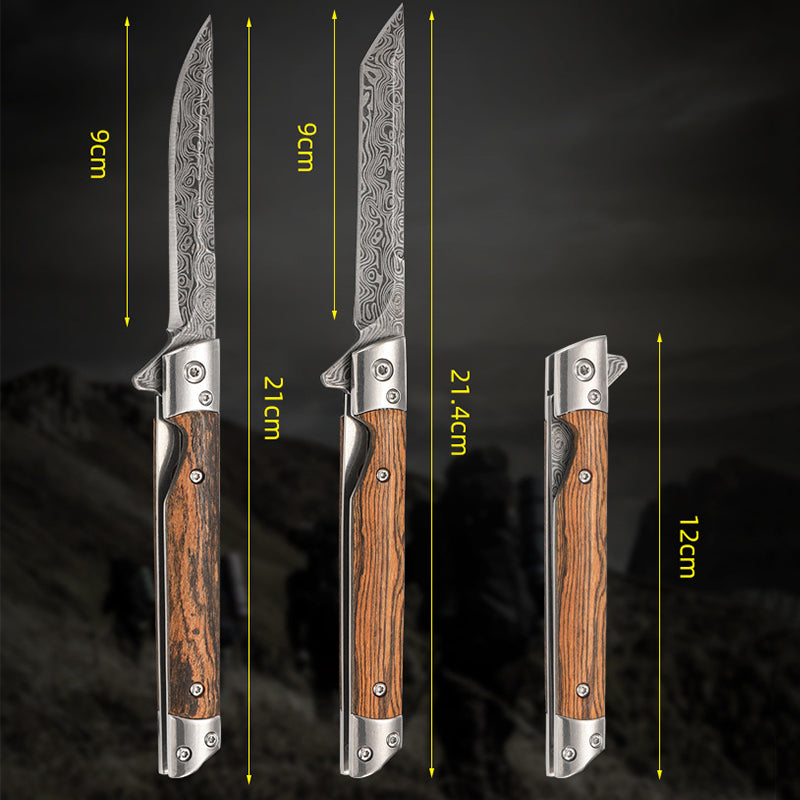 Folding Pocket Tool with Damascus Pattern and Wooden Handle