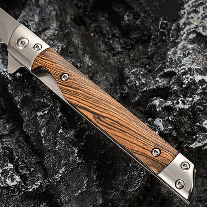 Folding Pocket Tool with Damascus Pattern and Wooden Handle