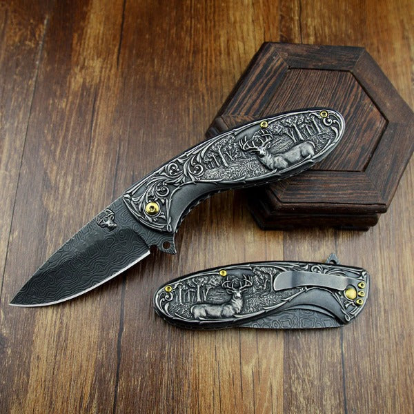 Deer Pattern Handle Folding Knife Outdoor Hunting Pocket EDC Tool - 图片 2