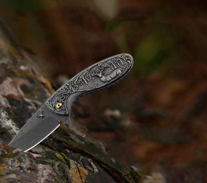 Deer Pattern Handle Folding Knife Outdoor Hunting Pocket EDC Tool - 图片 3