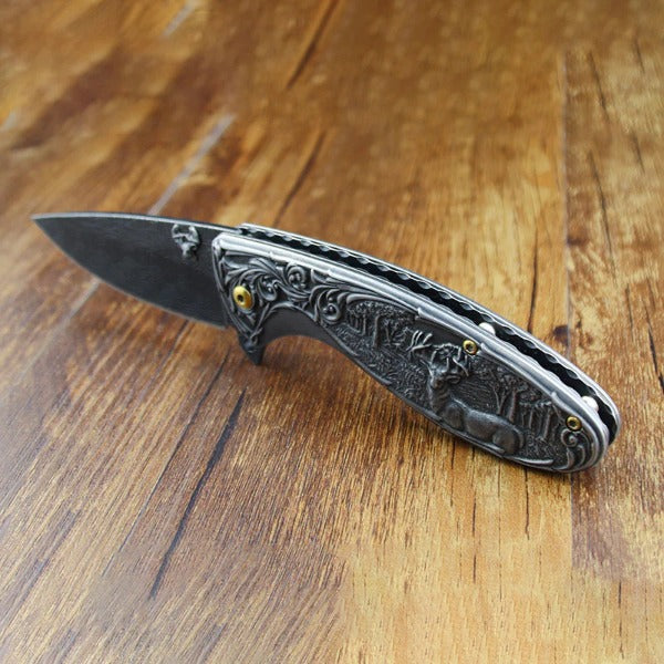 Deer Pattern Handle Folding Knife Outdoor Hunting Pocket EDC Tool - 图片 4
